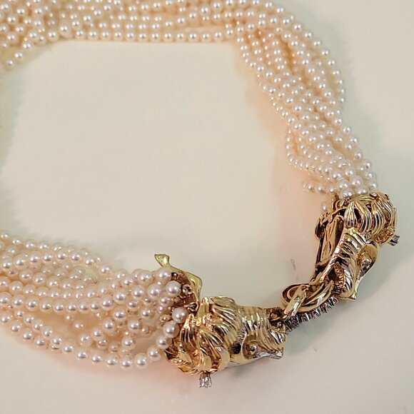 Vintage 14K Gold Lion-Head Clasp Multi-Strand Pearl Choker w/ Diamonds (Real) - Picture 4 of 5